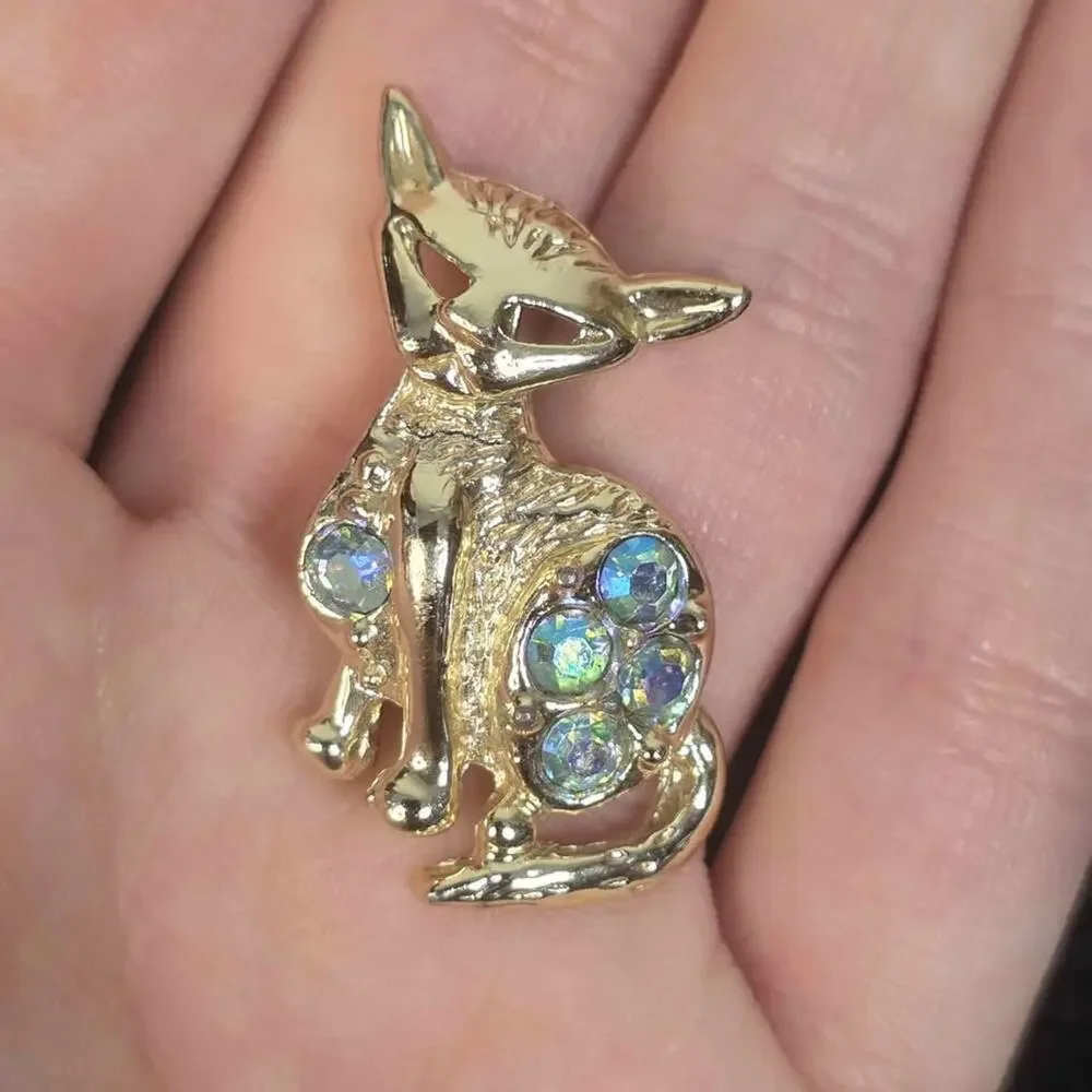 Vintage Cat Brooch Gold Tone  Rhinestone Kitty Pin Kitsch Jewelry